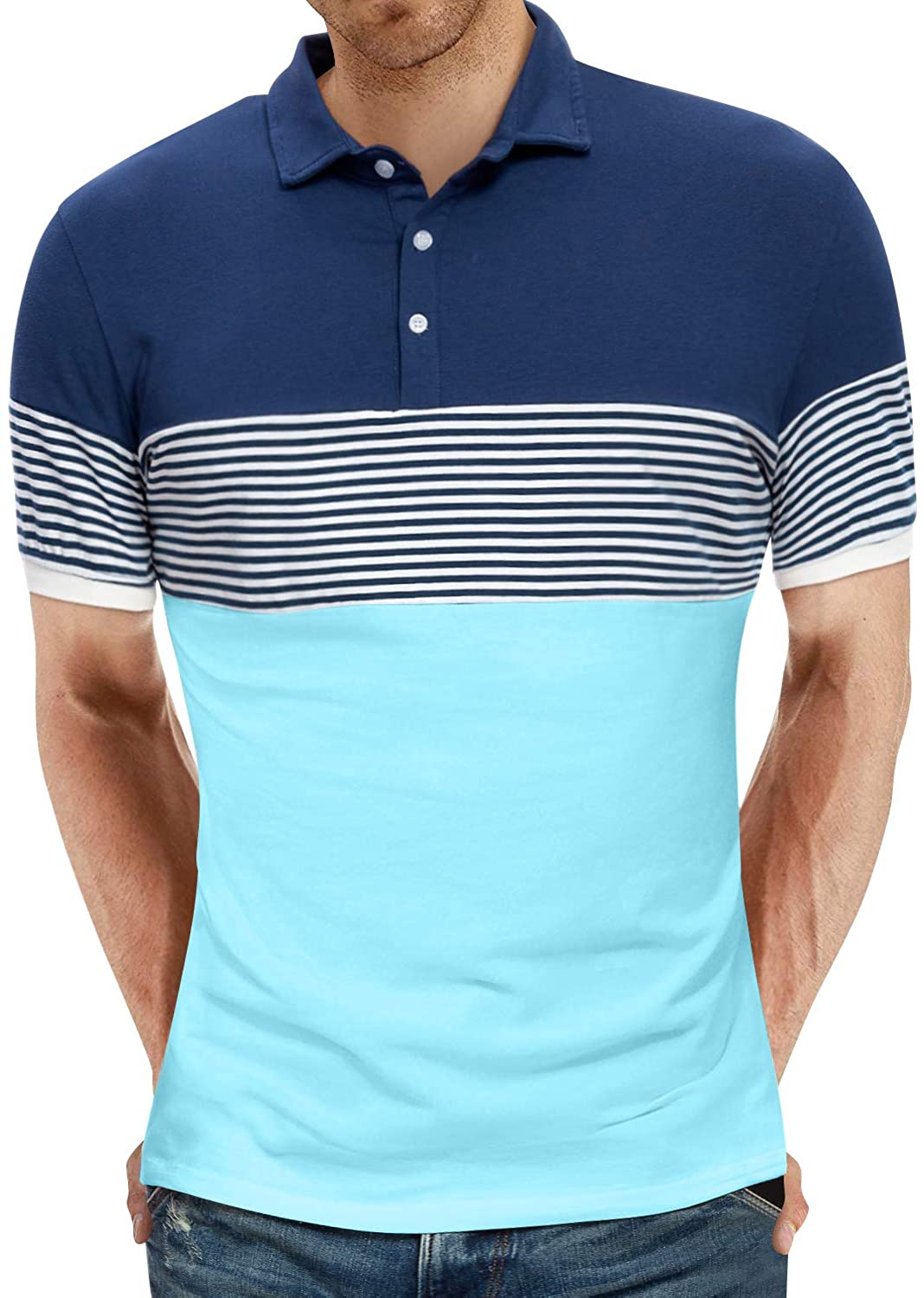YTD Men's Short Sleeve Polo Shirts Casual Slim Fit Contrast Color Stitching Stripe Cotton Shirts