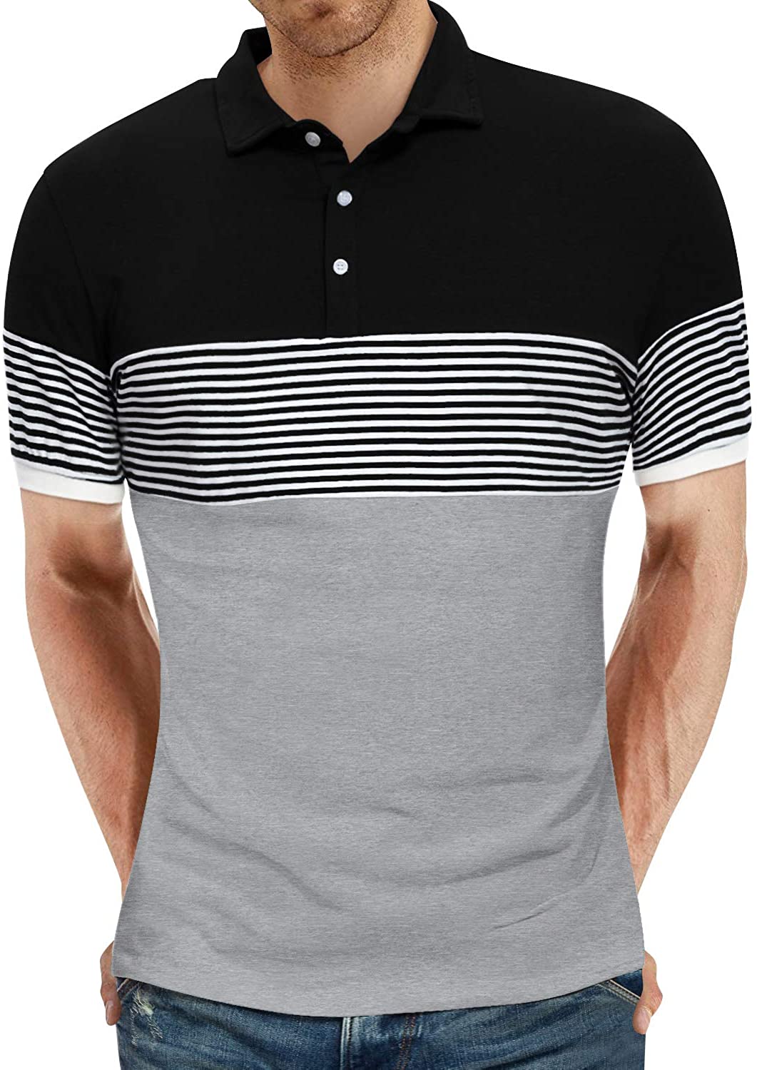 YTD Men's Short Sleeve Polo Shirts Casual Slim Fit Contrast Color Stitching Stripe Cotton Shirts