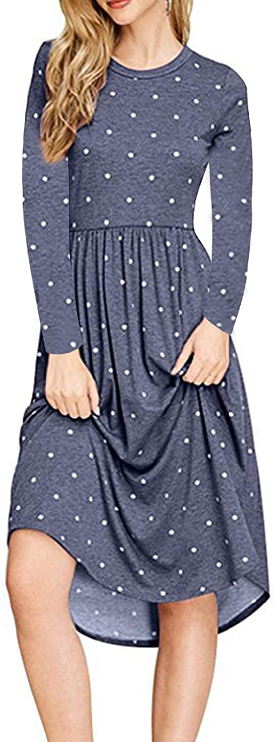 YUNDAI Women Short Sleeve Polka Dot Casual Pockets Swing Pleated Midi Dress Knee Length