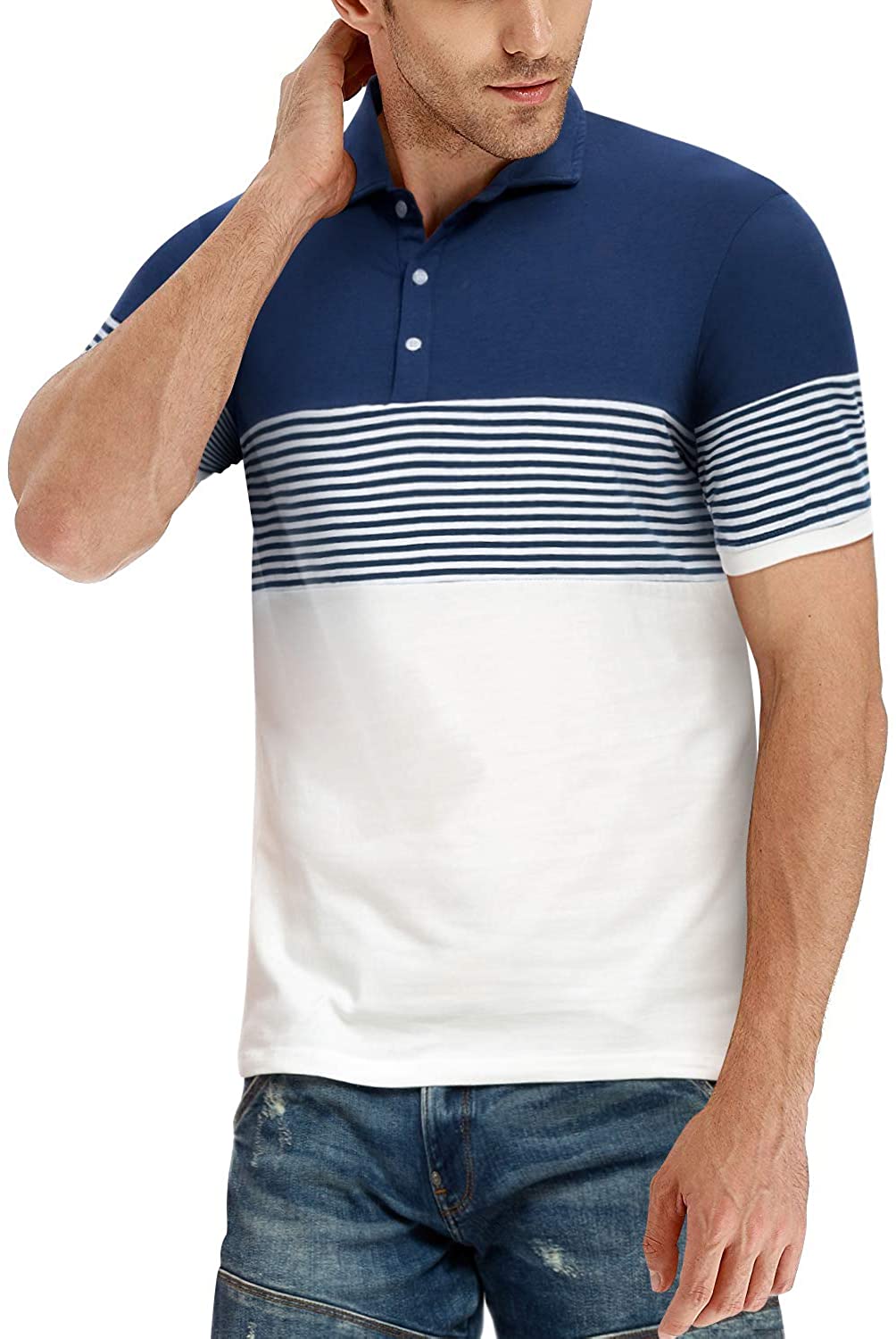 YTD Men's Short Sleeve Polo Shirts Casual Slim Fit Contrast Color Stitching Stripe Cotton Shirts