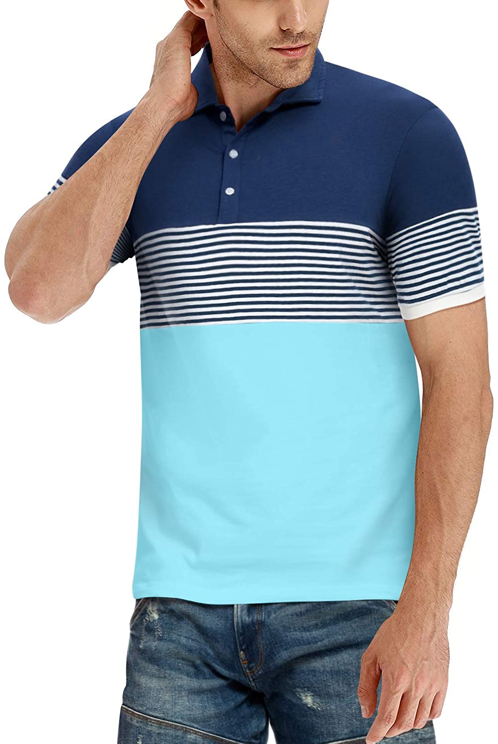 YTD Men's Short Sleeve Polo Shirts Casual Slim Fit Contrast Color Stitching Stripe Cotton Shirts