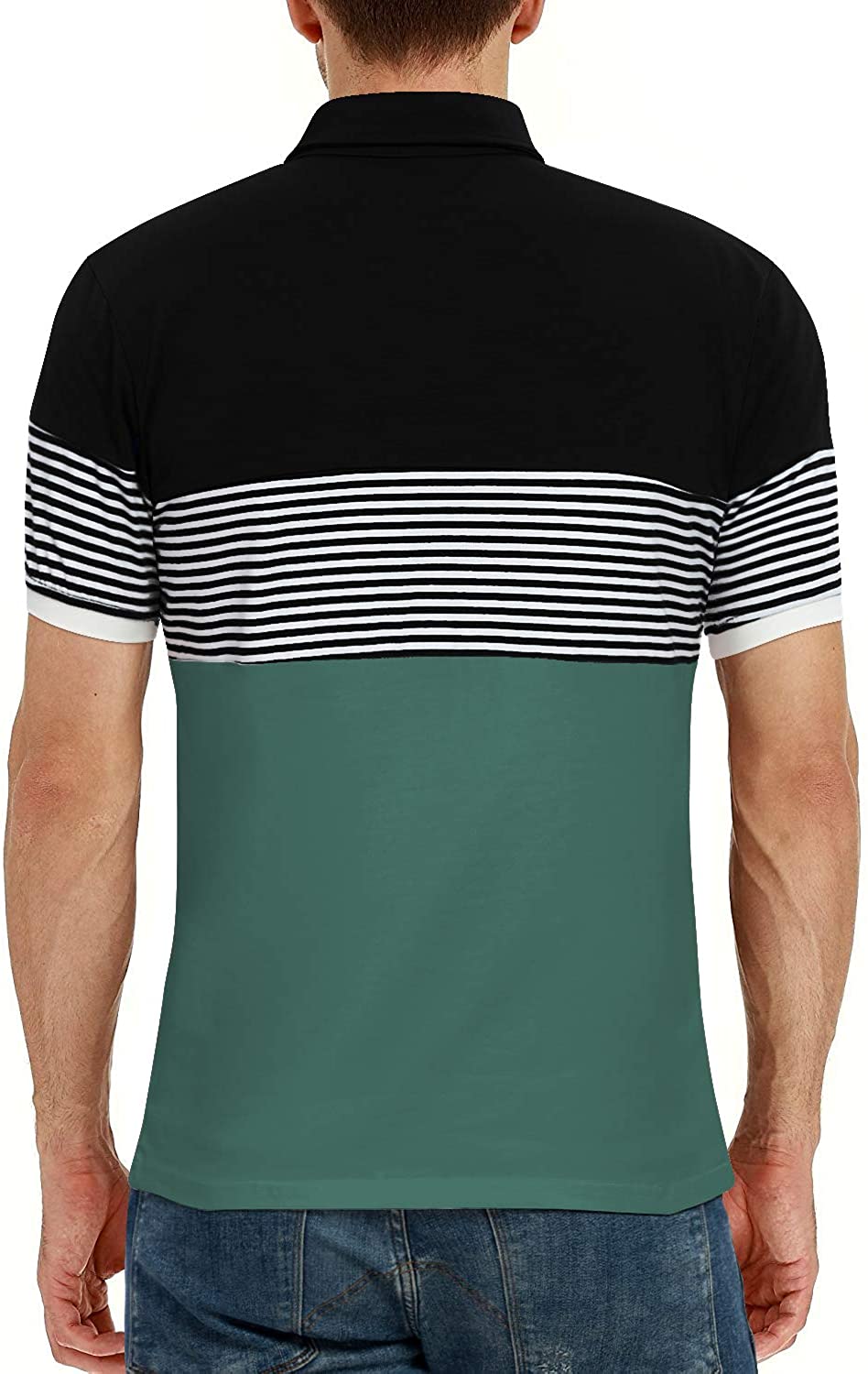 YTD Men's Short Sleeve Polo Shirts Casual Slim Fit Contrast Color Stitching Stripe Cotton Shirts