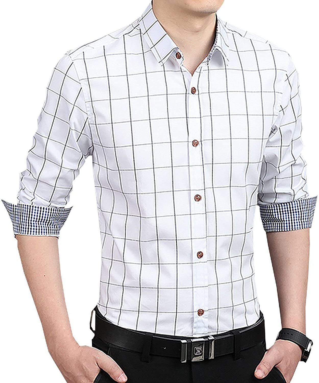 YTD Men's 100% Cotton Long Sleeve Plaid Slim Fit Button Down Dress Shirt