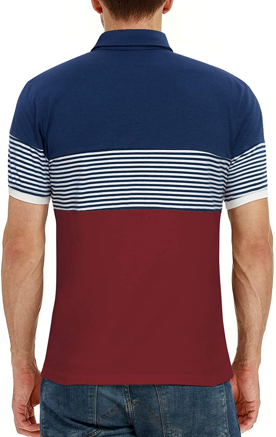 YTD Men's Short Sleeve Polo Shirts Casual Slim Fit Contrast Color Stitching Stripe Cotton Shirts