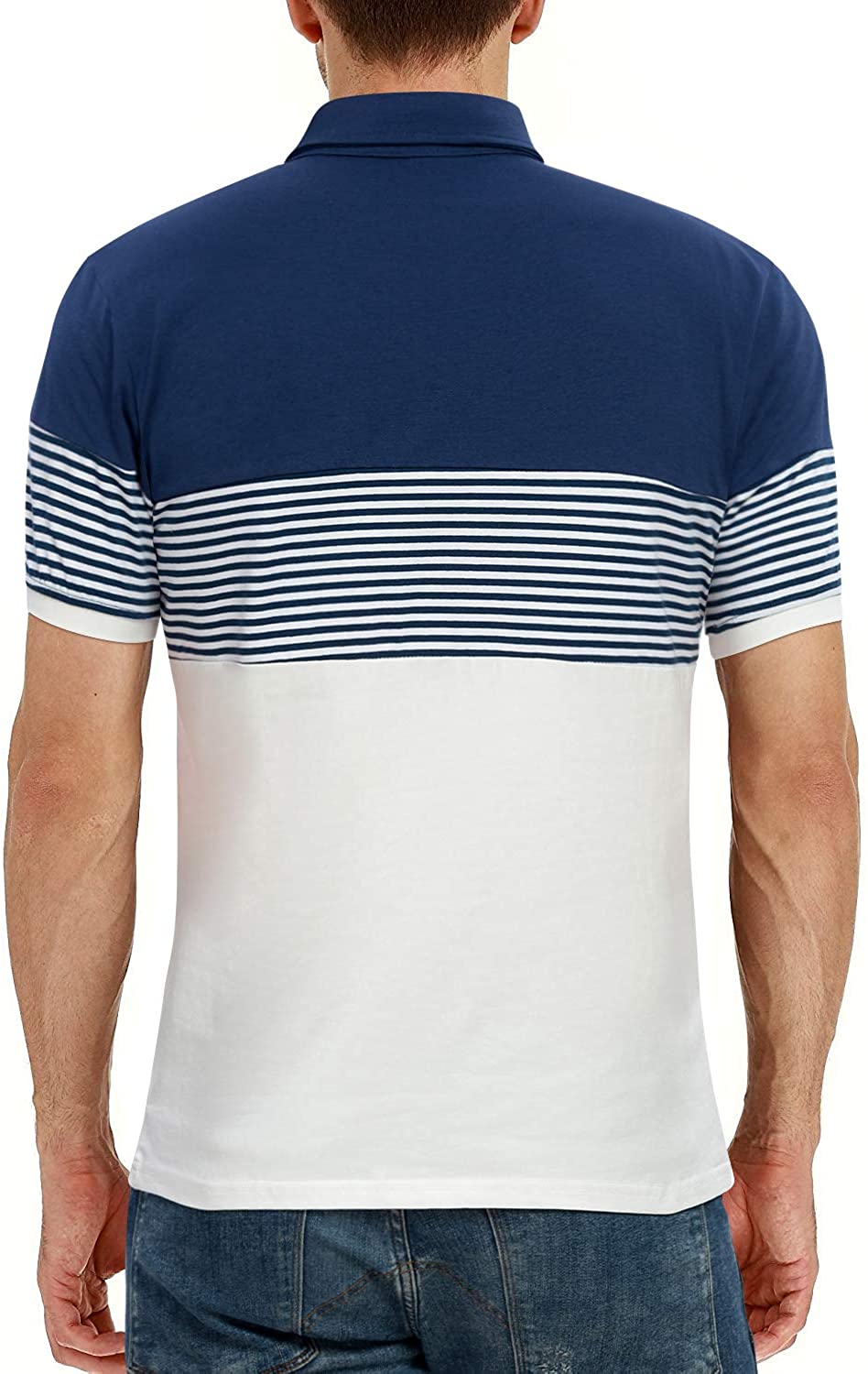 YTD Men's Short Sleeve Polo Shirts Casual Slim Fit Contrast Color Stitching Stripe Cotton Shirts