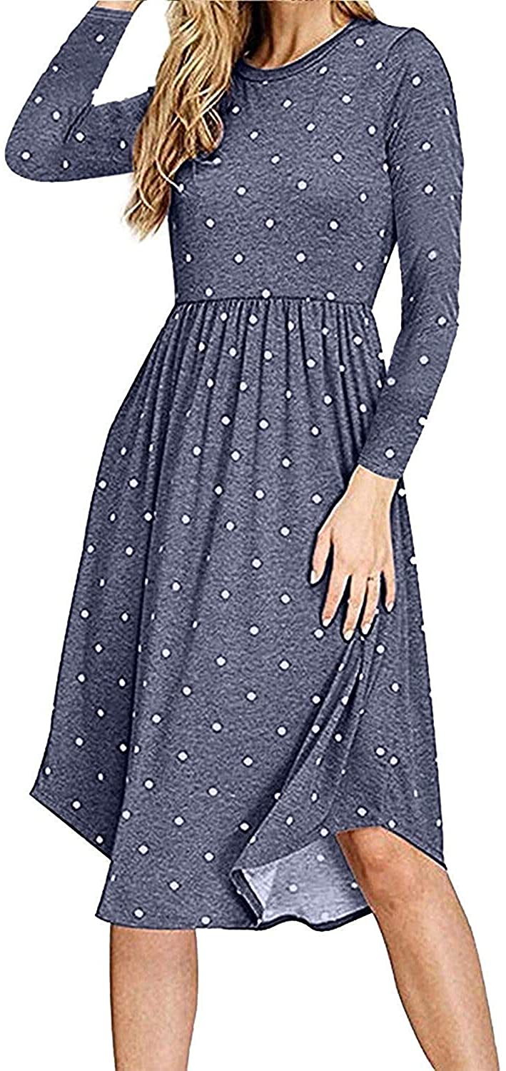YUNDAI Women Short Sleeve Polka Dot Casual Pockets Swing Pleated Midi Dress Knee Length