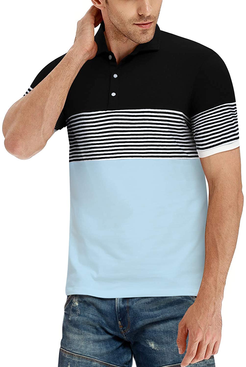 YTD Men's Short Sleeve Polo Shirts Casual Slim Fit Contrast Color Stitching Stripe Cotton Shirts