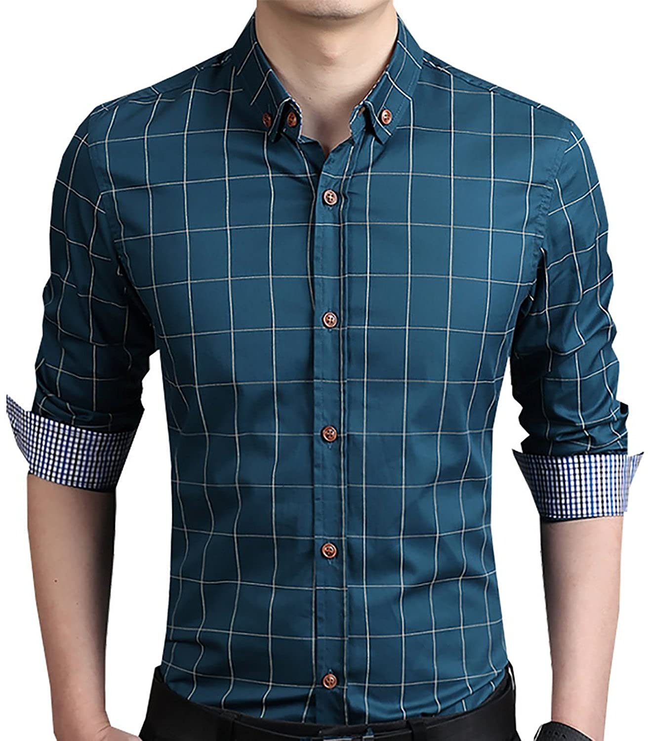 YTD Men's 100% Cotton Long Sleeve Plaid Slim Fit Button Down Dress Shirt