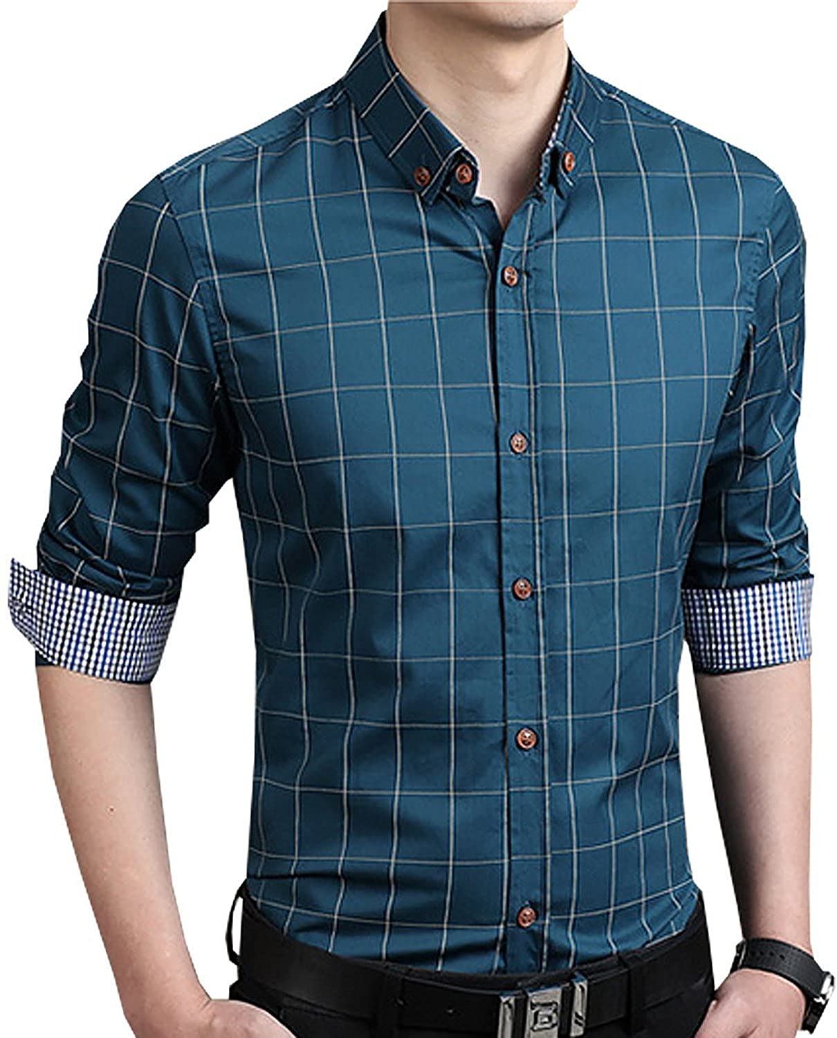 YTD Men's 100% Cotton Long Sleeve Plaid Slim Fit Button Down Dress Shirt