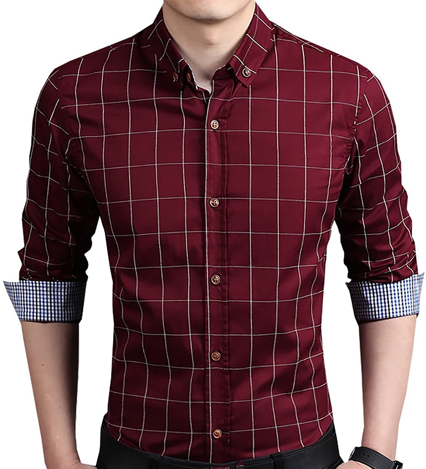 YTD Men's 100% Cotton Long Sleeve Plaid Slim Fit Button Down Dress Shirt