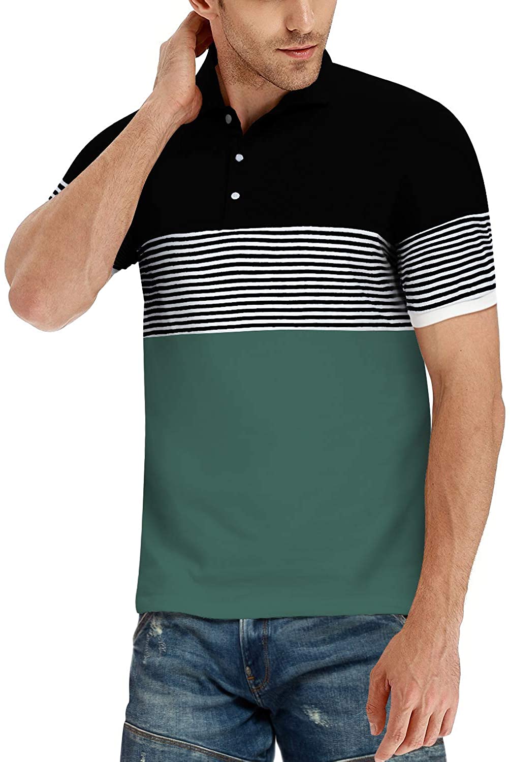 YTD Men's Short Sleeve Polo Shirts Casual Slim Fit Contrast Color Stitching Stripe Cotton Shirts