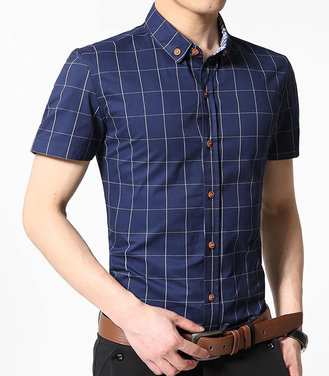 YTD Men's 100% Cotton Long Sleeve Plaid Slim Fit Button Down Dress Shirt