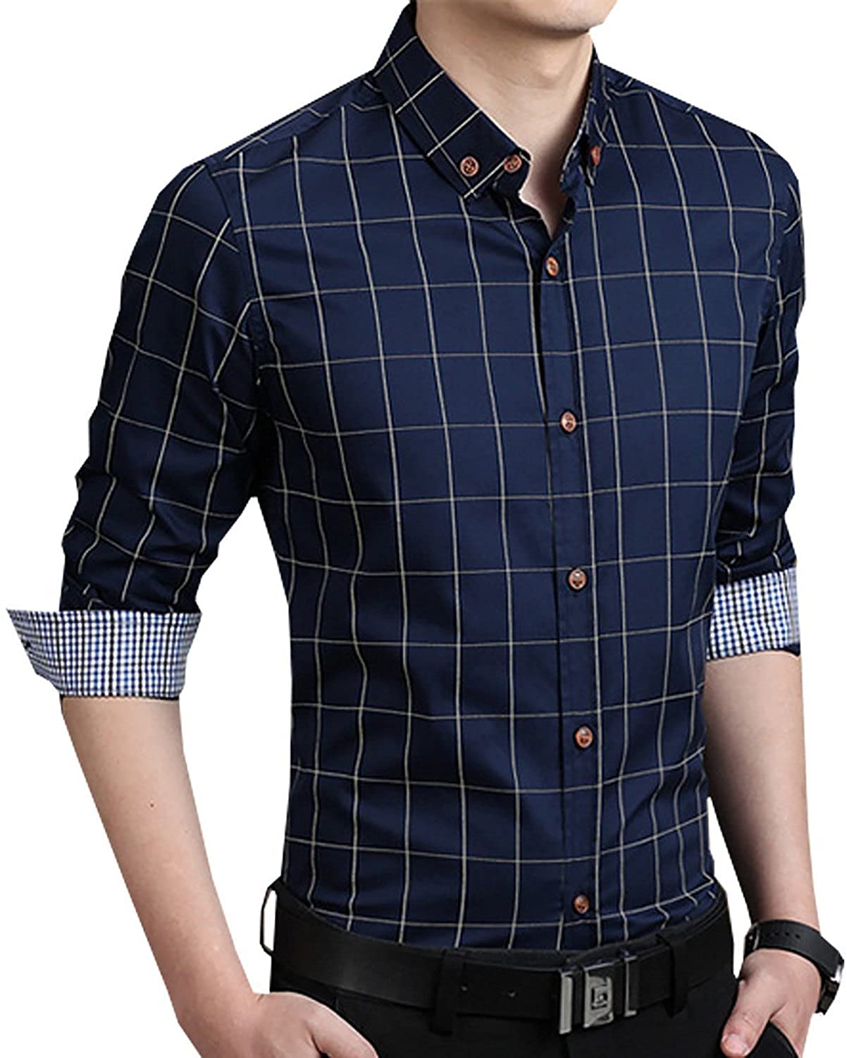 YTD Men's 100% Cotton Long Sleeve Plaid Slim Fit Button Down Dress Shirt