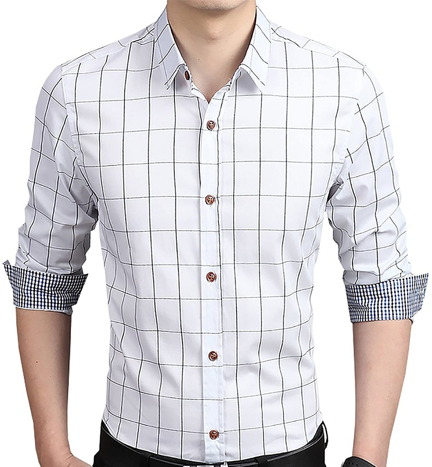 YTD Men's 100% Cotton Long Sleeve Plaid Slim Fit Button Down Dress Shirt