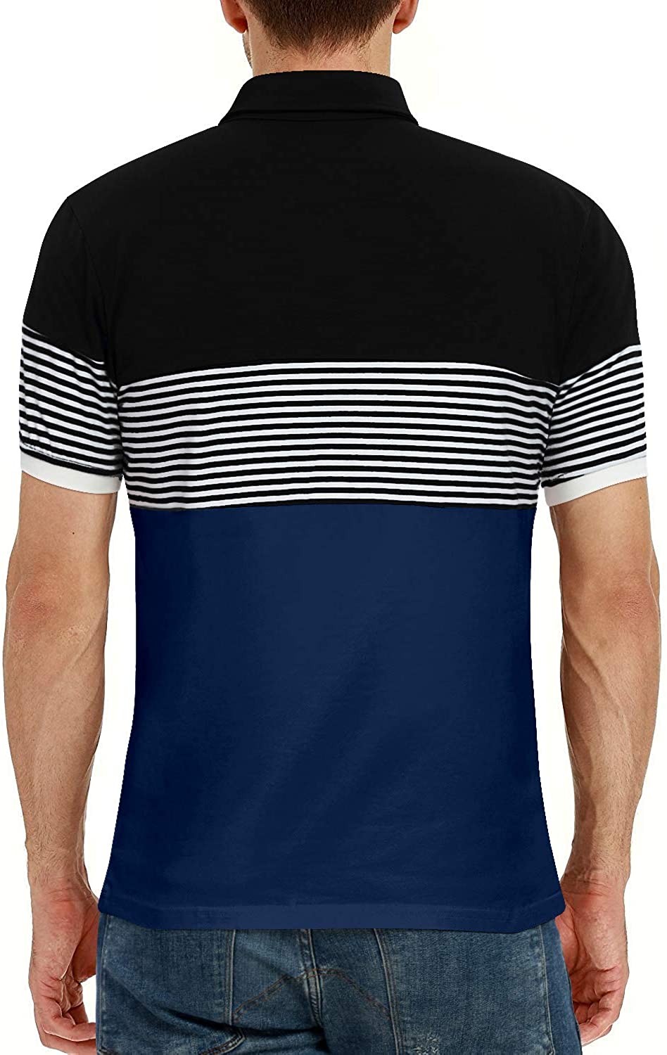 YTD Men's Short Sleeve Polo Shirts Casual Slim Fit Contrast Color Stitching Stripe Cotton Shirts