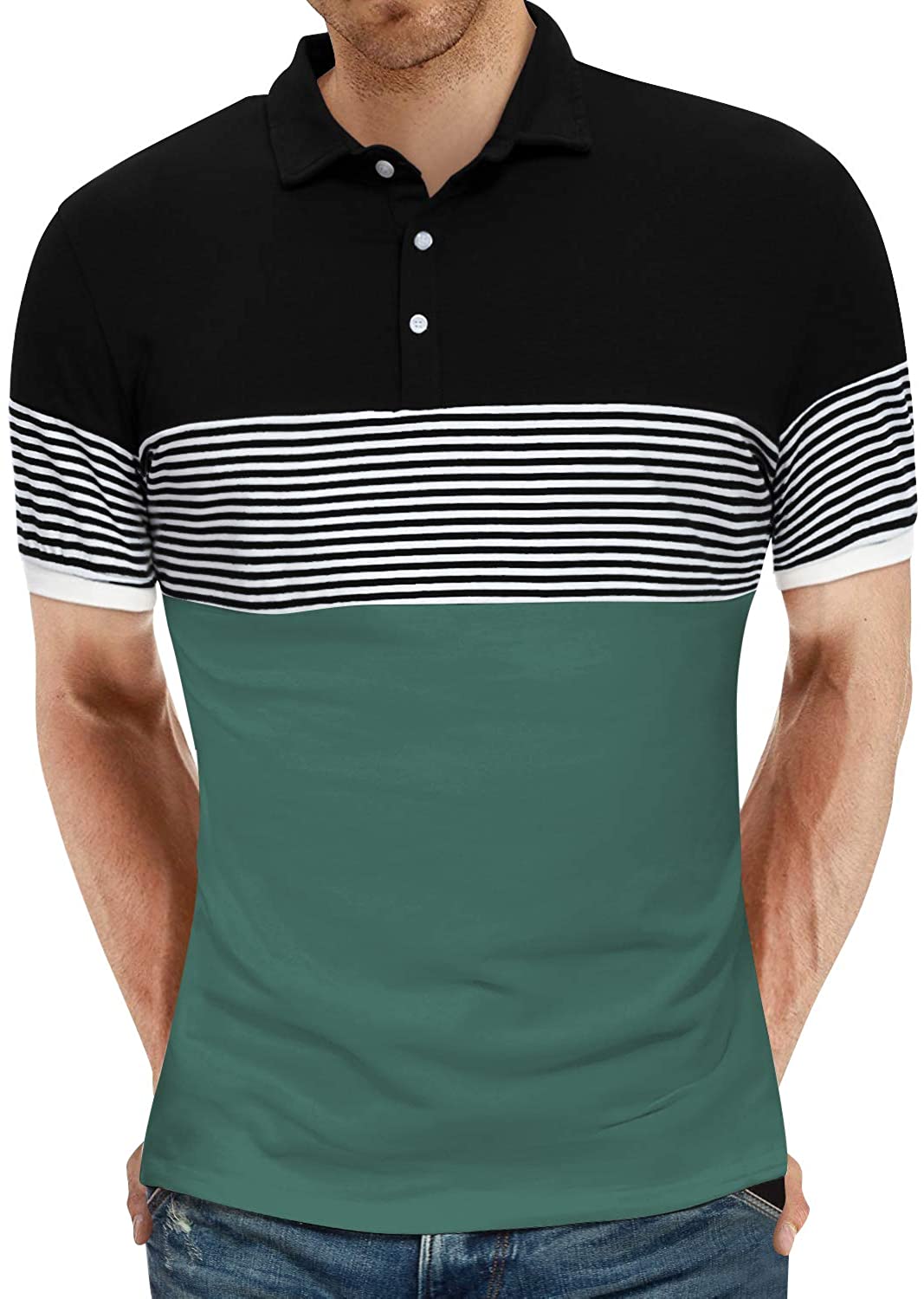 YTD Men's Short Sleeve Polo Shirts Casual Slim Fit Contrast Color Stitching Stripe Cotton Shirts