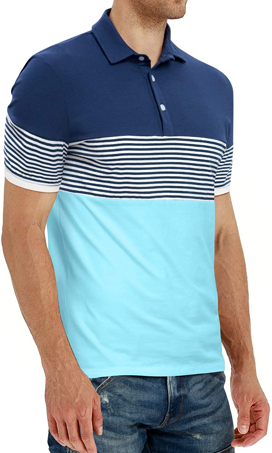 YTD Men's Short Sleeve Polo Shirts Casual Slim Fit Contrast Color Stitching Stripe Cotton Shirts