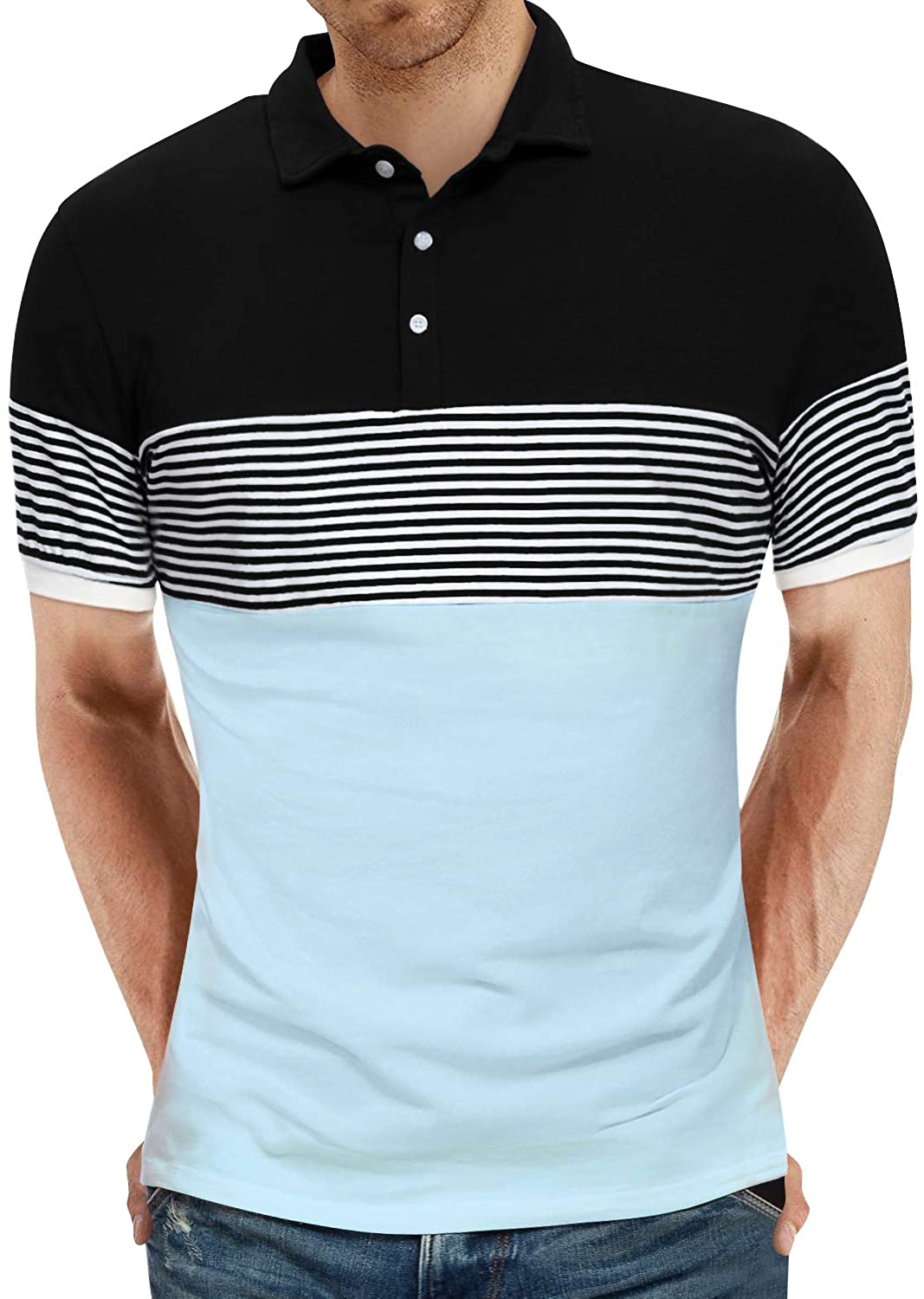 YTD Men's Short Sleeve Polo Shirts Casual Slim Fit Contrast Color Stitching Stripe Cotton Shirts