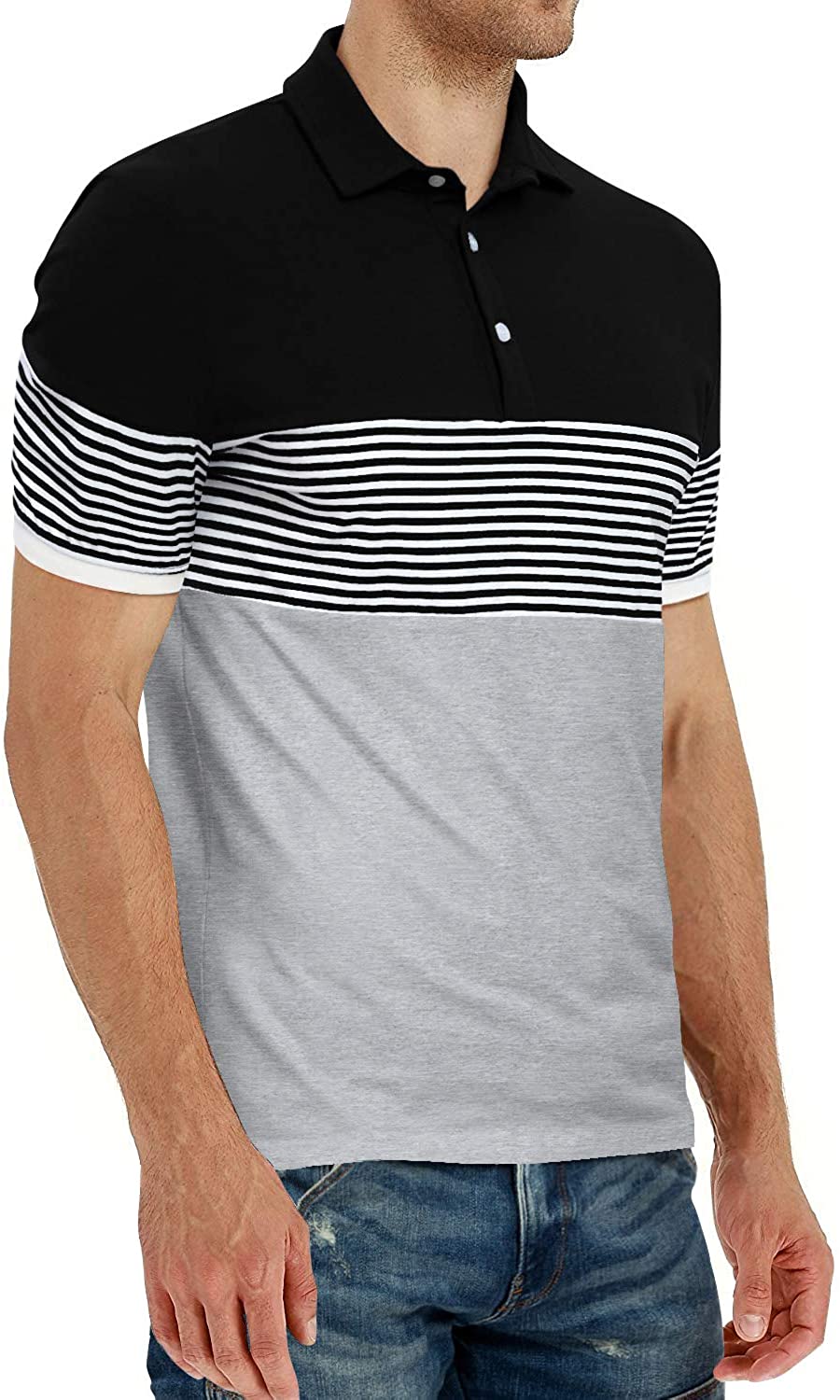 YTD Men's Short Sleeve Polo Shirts Casual Slim Fit Contrast Color Stitching Stripe Cotton Shirts