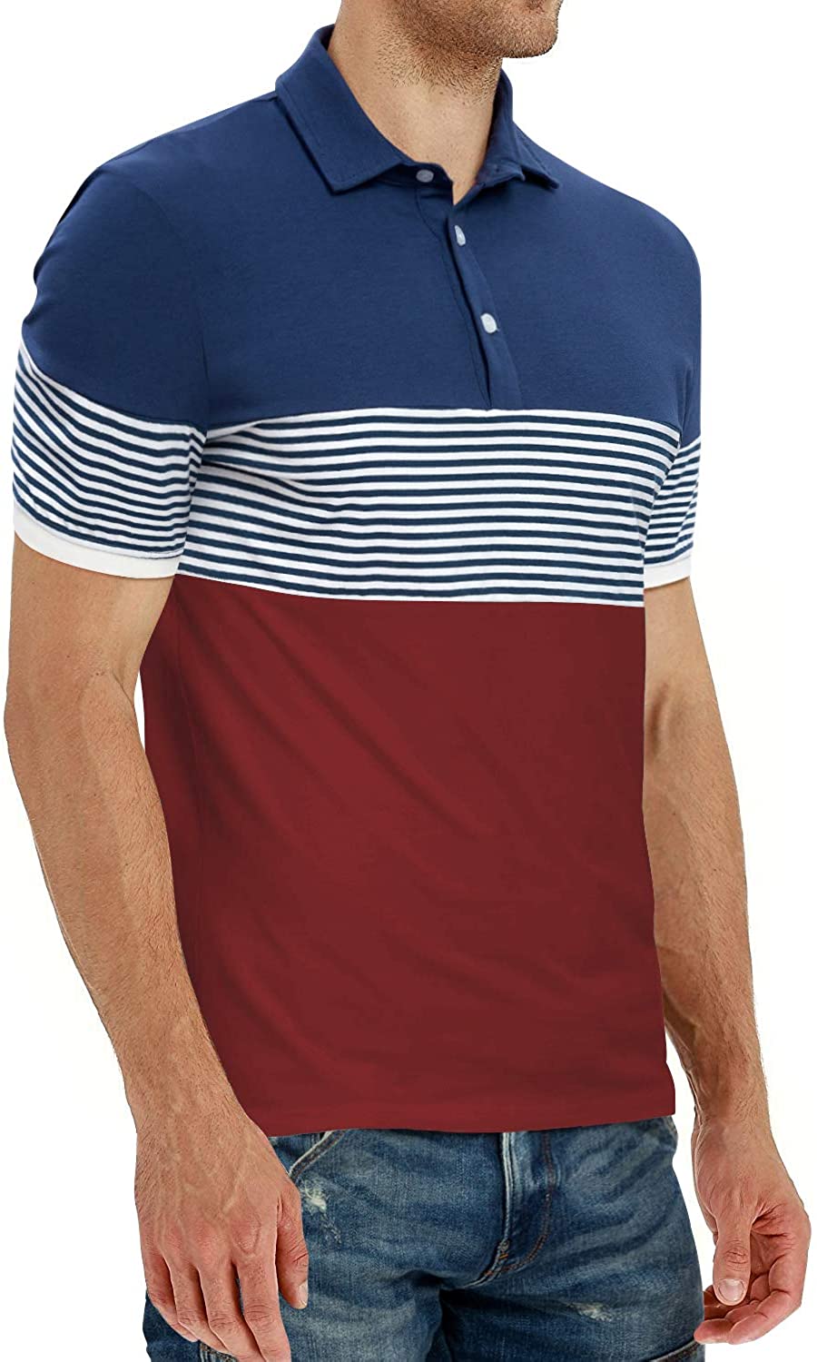 YTD Men's Short Sleeve Polo Shirts Casual Slim Fit Contrast Color Stitching Stripe Cotton Shirts