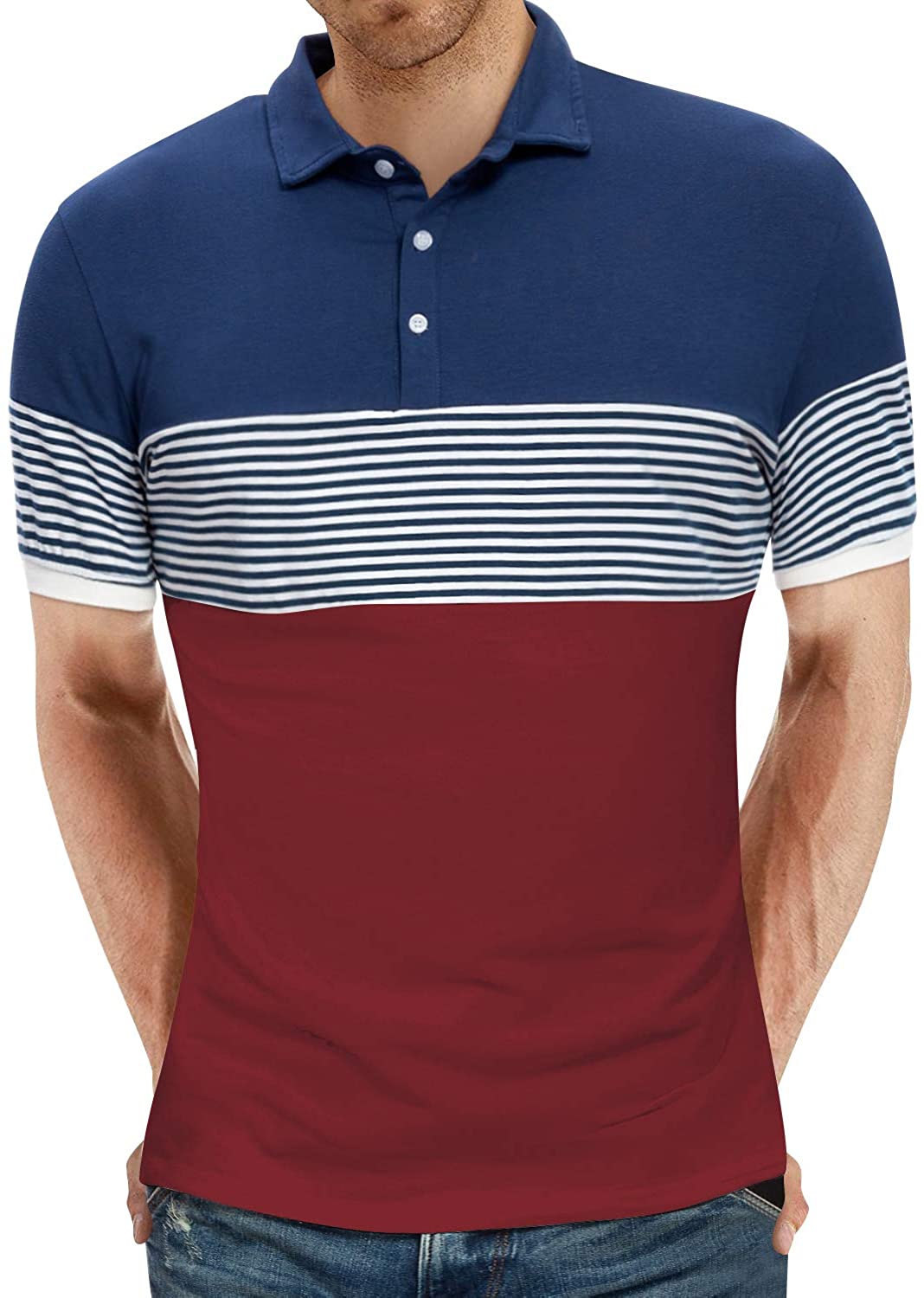 YTD Men's Short Sleeve Polo Shirts Casual Slim Fit Contrast Color Stitching Stripe Cotton Shirts