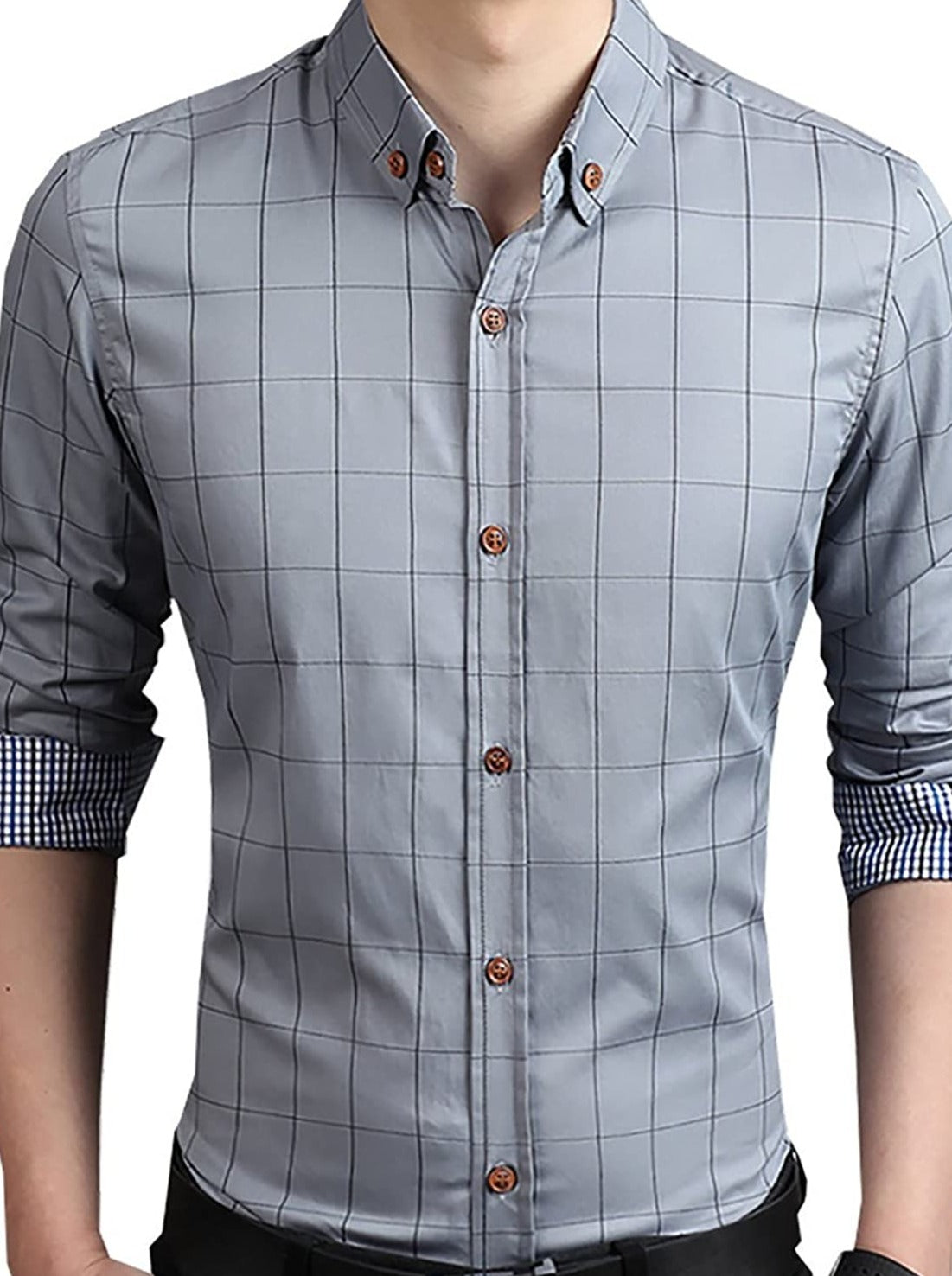 YTD Men's 100% Cotton Long Sleeve Plaid Slim Fit Button Down Dress Shirt