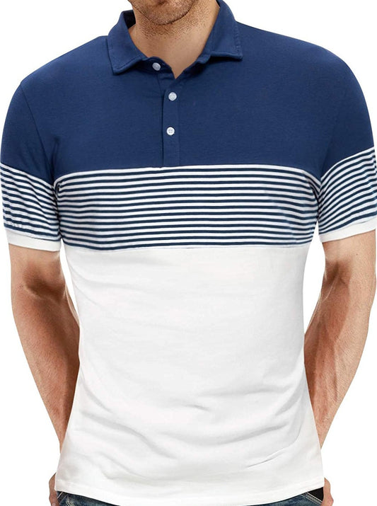 YTD Men's Short Sleeve Polo Shirts Casual Slim Fit Contrast Color Stitching Stripe Cotton Shirts