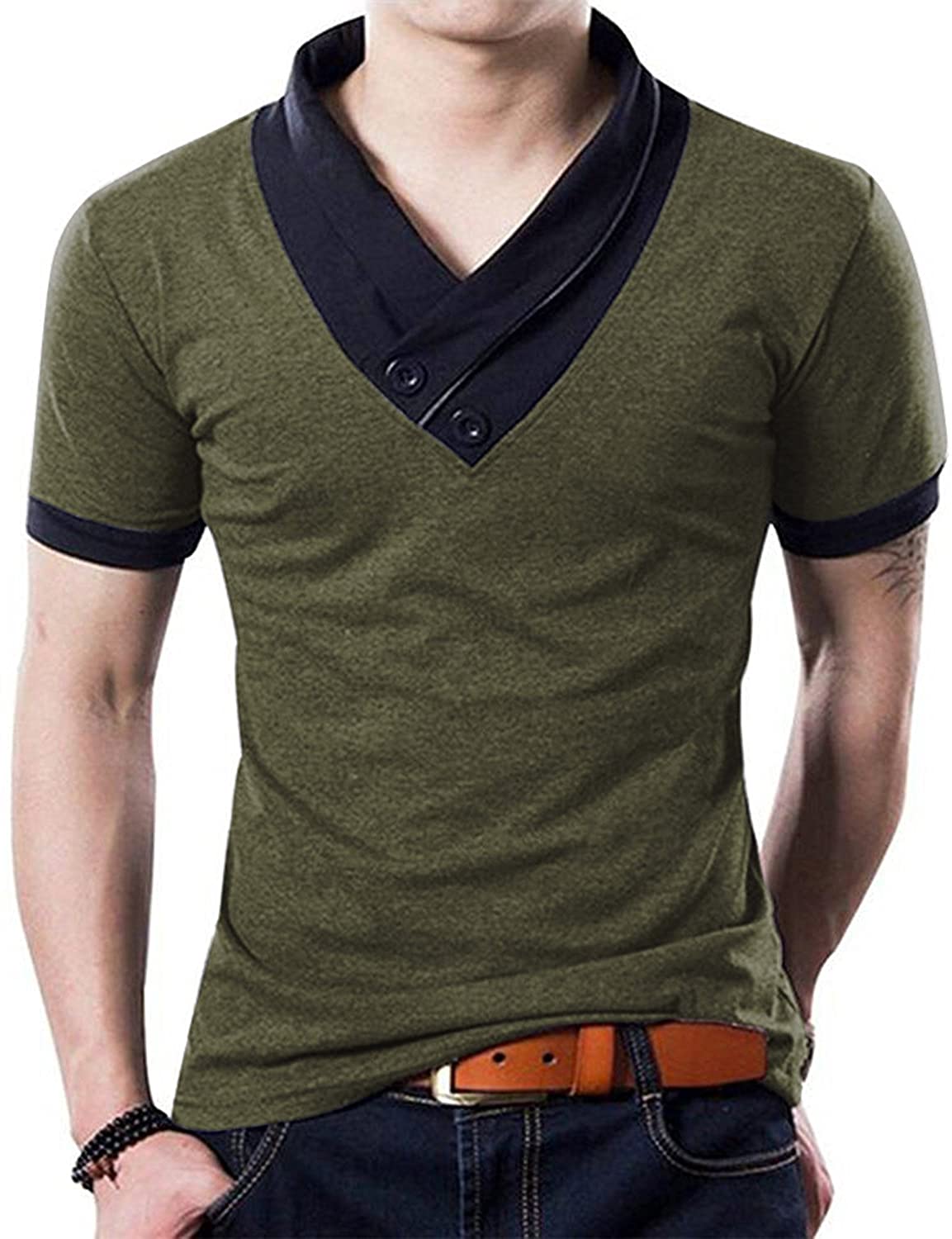 YTD 100% Cotton Mens Casual V-Neck Button Slim Muscle Tops Tee Short/Long Sleeve T-Shirts