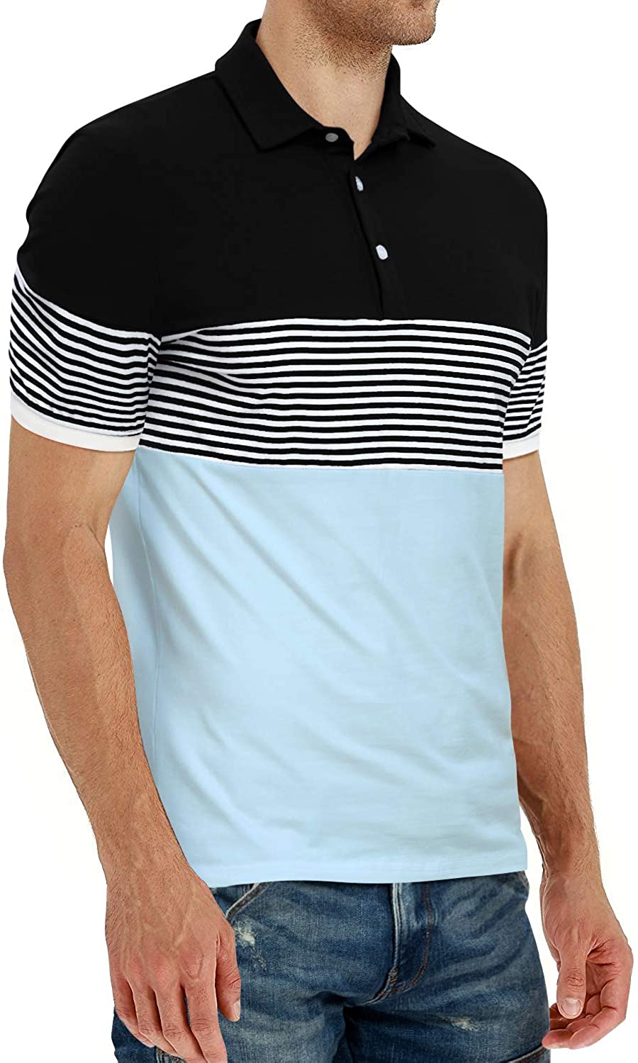 YTD Men's Short Sleeve Polo Shirts Casual Slim Fit Contrast Color Stitching Stripe Cotton Shirts