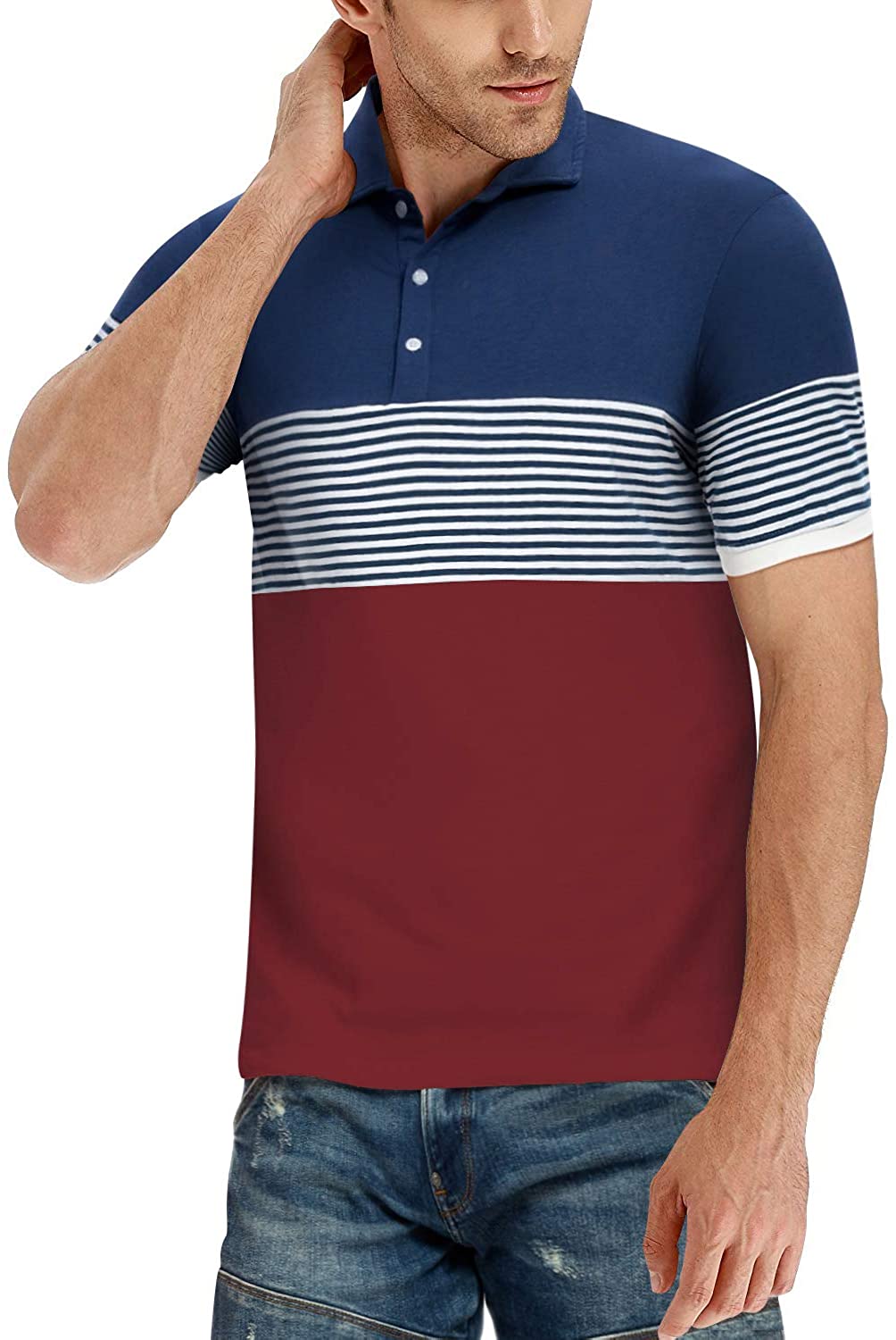 YTD Men's Short Sleeve Polo Shirts Casual Slim Fit Contrast Color Stitching Stripe Cotton Shirts