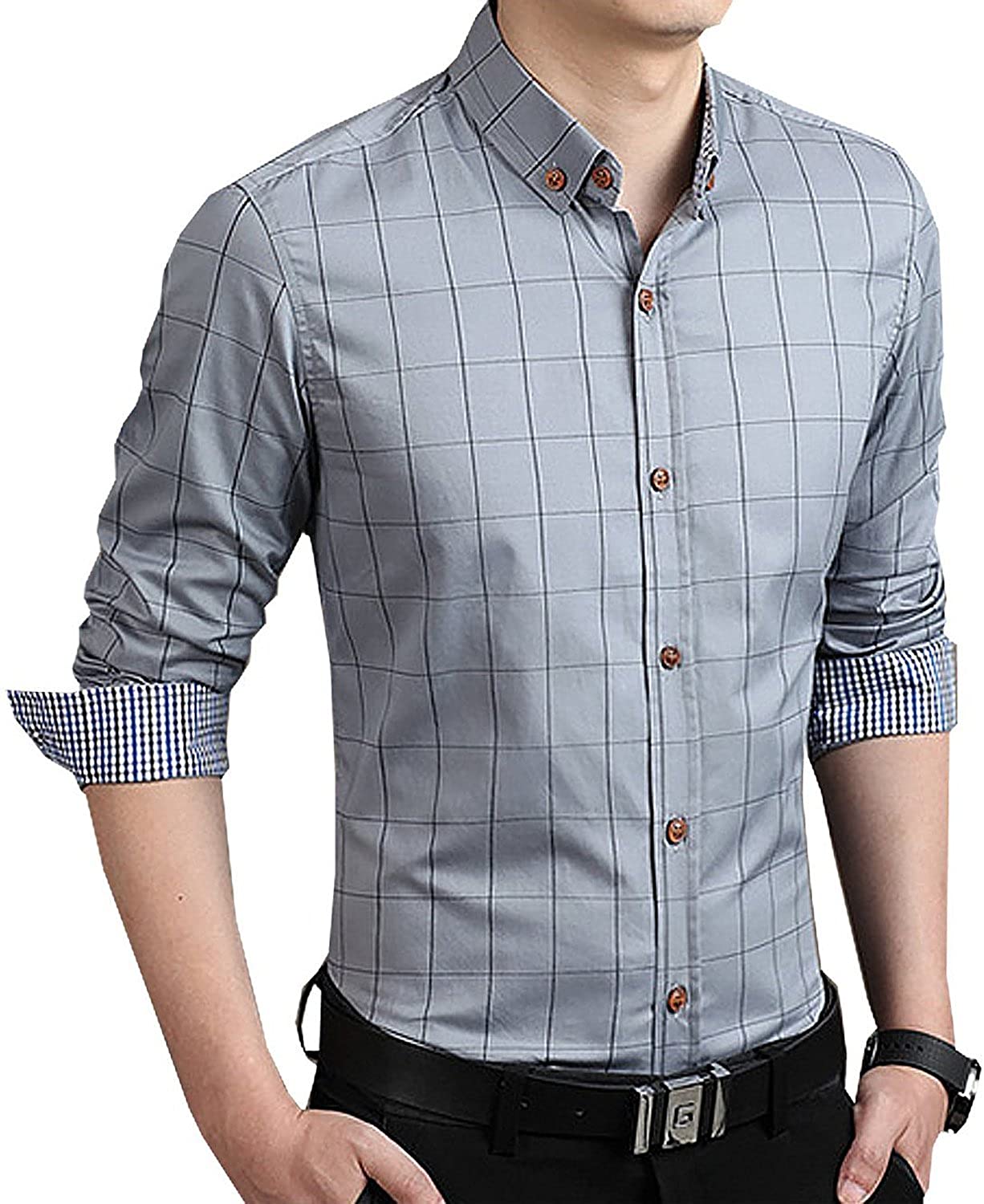 YTD Men's 100% Cotton Long Sleeve Plaid Slim Fit Button Down Dress Shirt