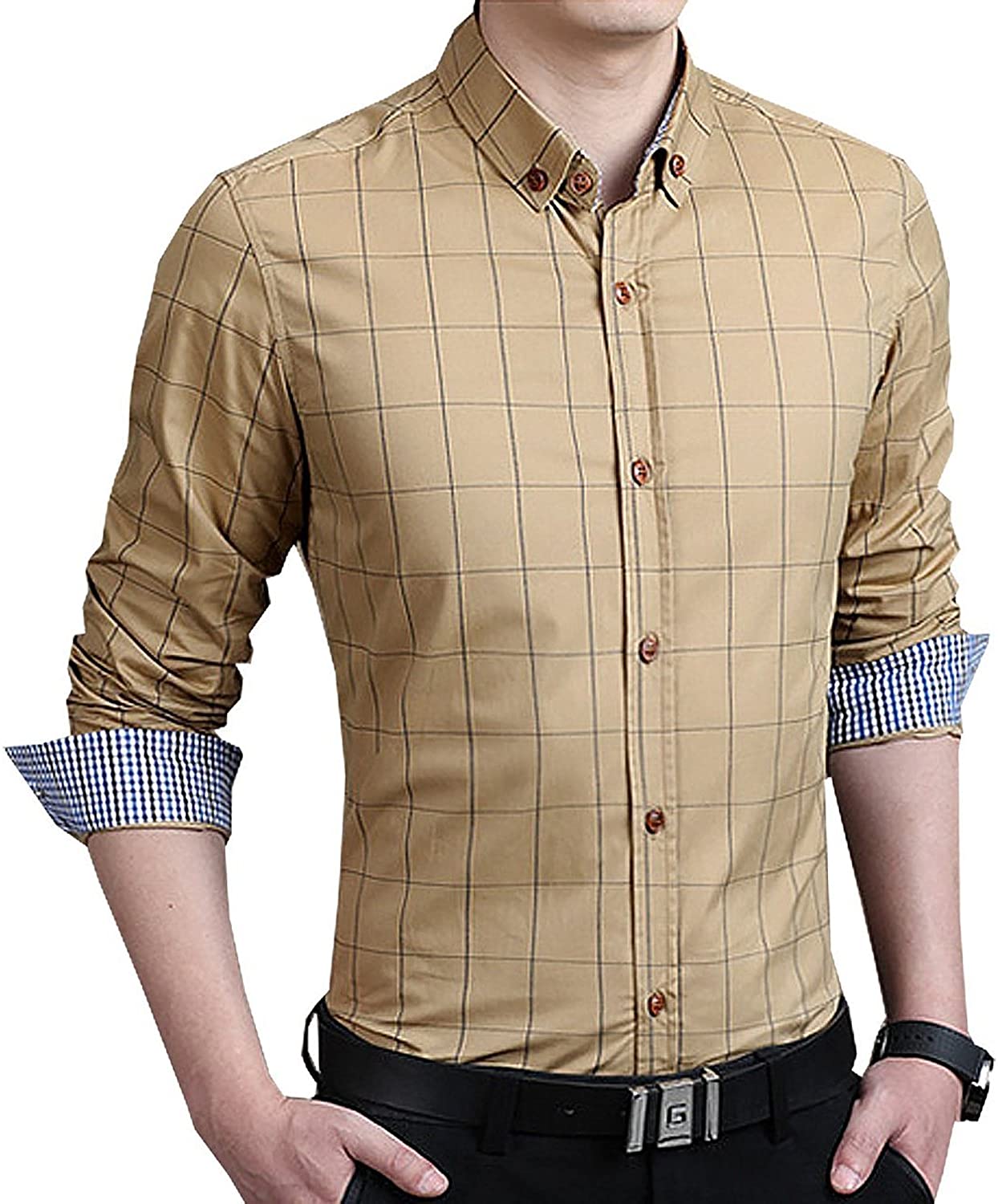 YTD Men's 100% Cotton Long Sleeve Plaid Slim Fit Button Down Dress Shirt