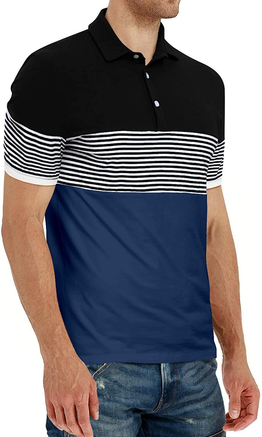 YTD Men's Short Sleeve Polo Shirts Casual Slim Fit Contrast Color Stitching Stripe Cotton Shirts