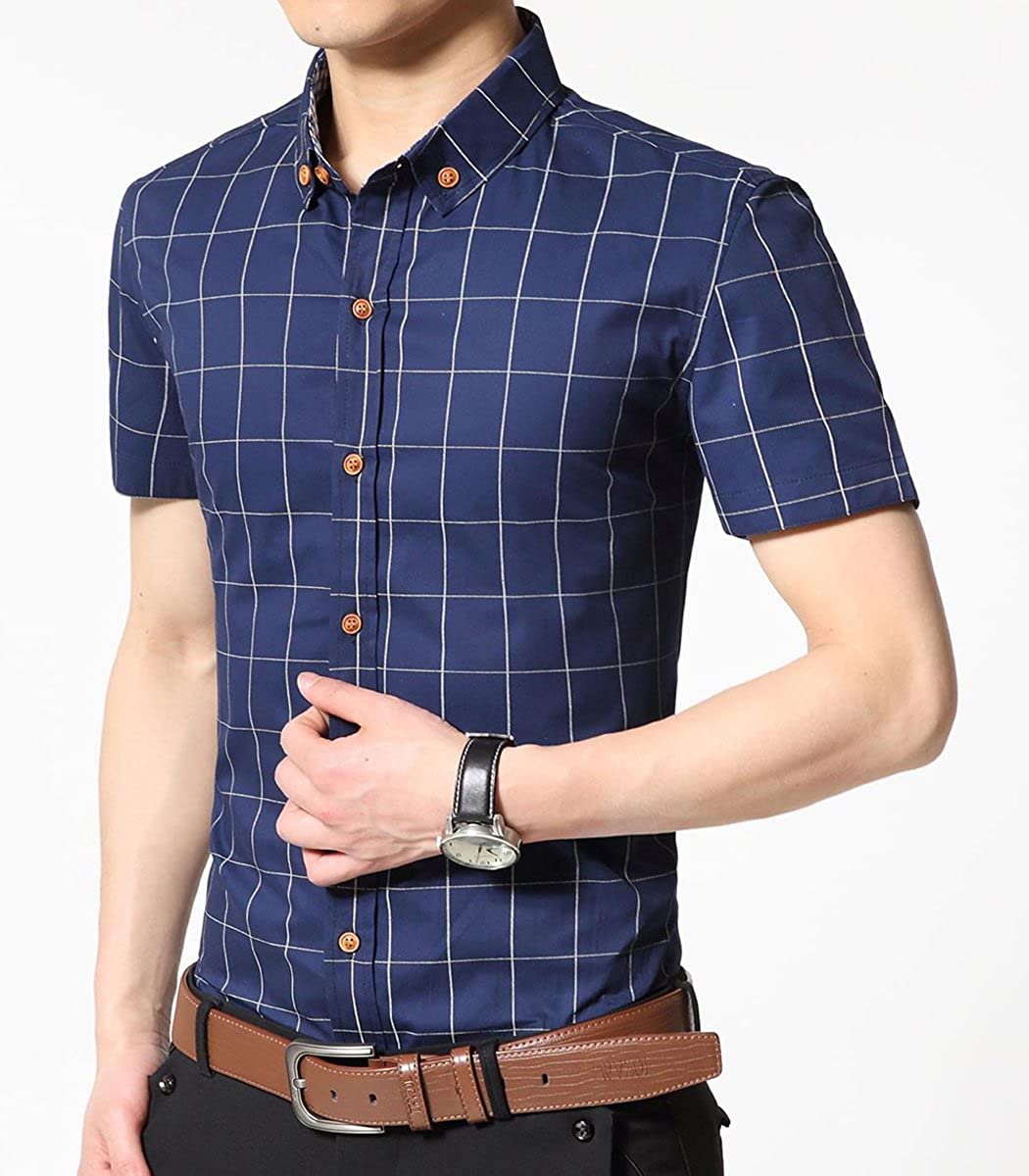 YTD Men's 100% Cotton Long Sleeve Plaid Slim Fit Button Down Dress Shirt