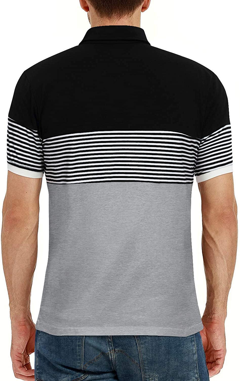 YTD Men's Short Sleeve Polo Shirts Casual Slim Fit Contrast Color Stitching Stripe Cotton Shirts