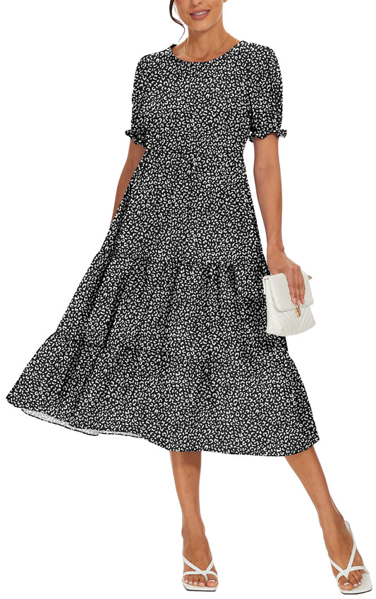 Aiyino Women's Summer Casual Boho Dress Floral Print Ruffle Puff Sleeve High Waist Midi Beach Dresses