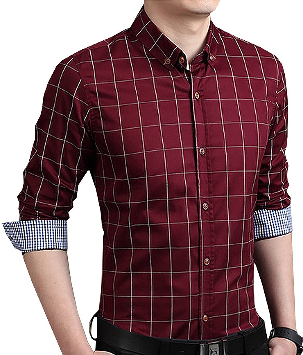 YTD Men's 100% Cotton Long Sleeve Plaid Slim Fit Button Down Dress Shirt