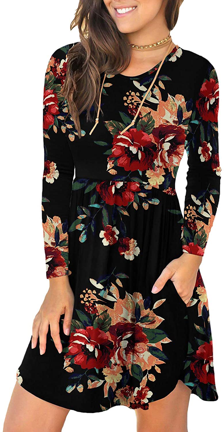 YUNDAI Women Summer Casual Sleeveless Boho Floral Elastic Sundress Loose Swing Short Dress with Pockets