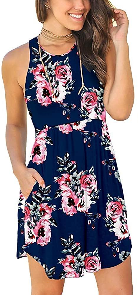 YUNDAI Women Summer Casual Sleeveless Boho Floral Elastic Sundress Loose Swing Short Dress with Pockets