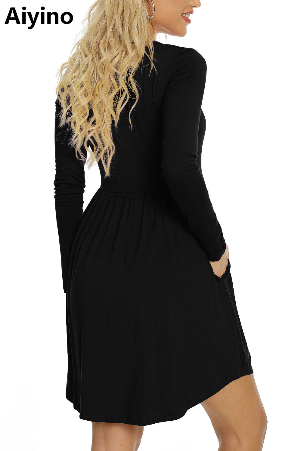 Aiyino Women's Long Sleeve Loose Plain Dresses Casual Short Dress with Pockets