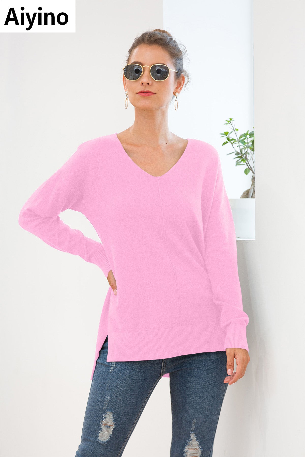 Aiyino Women's Casual Lightweight V Neck Batwing Sleeve Knit Top